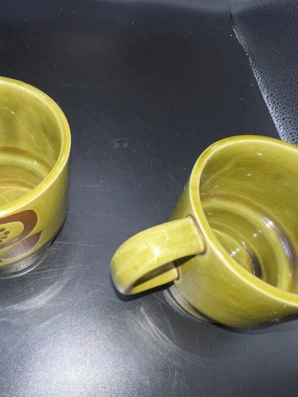 Set Of 2 Vintage Avocado Green Ceramic Stackable Mugs Floral Japan Mid Century